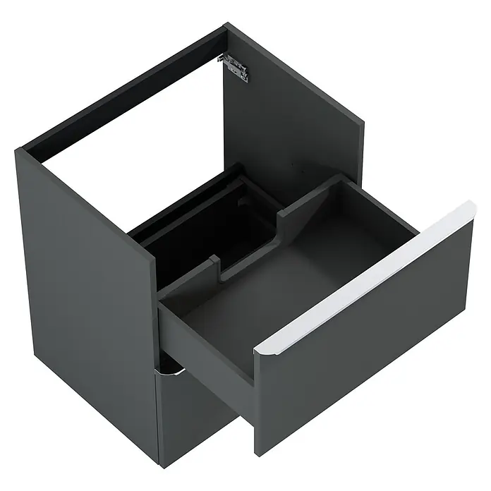 Riva Beauty 2.0 Waschtischunterschrank - B x T x H: 58,5 x 43,7 x 63,5 cm, Anthrazit - Bild eines modernen Badezimmerschranks in dunkler Farbe mit einer Schublade, die teilweise geöffnet ist, und einer Tür, die offen steht.