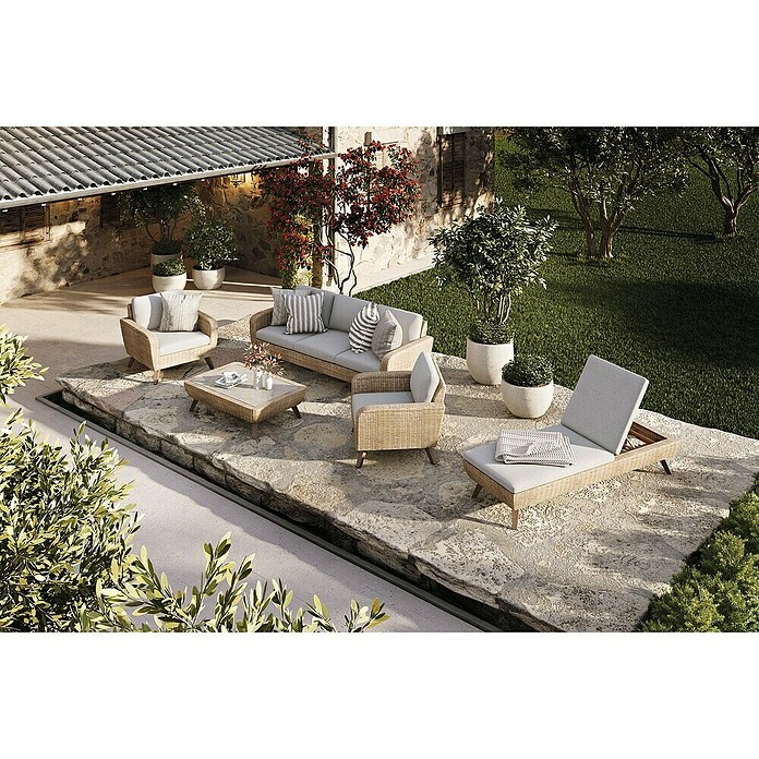 Conjunto de muebles Royal sofá + sillones + tumbona + mesa (5 pzs., Ratán sintético/Aluminio, Beige) | BAUHAUS