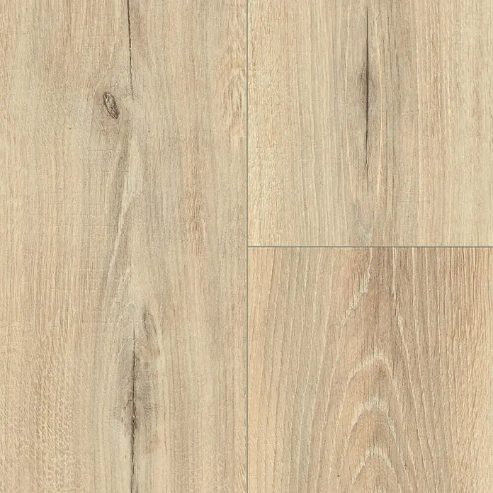 Egger Laminat NatureSense Aqua - Melba Eiche beige, Landhausdiele, 1.292 x 193 x 8 mm - Holzfußboden-Textur: Detailaufnahme von drei hellen Holzdielen mit natürlicher Maserung und warmen Farbtönen für ein gemütliches Ambiente.