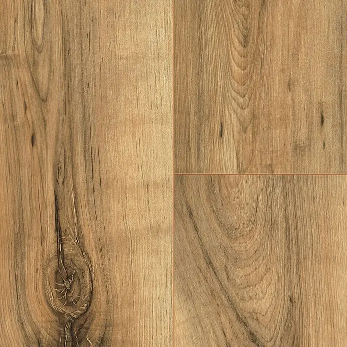 Egger Laminat NatureSense Aqua - Perganti Nussbaum braun, Landhausdiele, 1.292 x 193 x 8 mm - Detailaufnahme von vier Holzpaneelen mit markanten Maserungen und Astlöchern, ideal für Bodenbeläge.