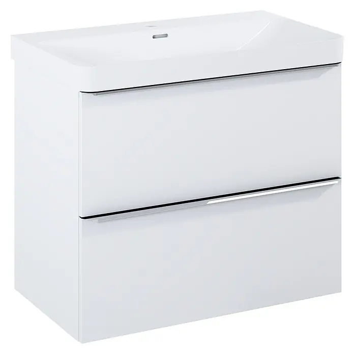 Riva Beauty 2.0 Waschtischunterschrank - B x T x H: 78,5 x 43,7 x 63,5 cm, Weiß Matt - Bild eines weißen Waschbeckenunterschranks mit zwei Schubladen und chromfarbenen Griffen, der ein elegantes Badezimmerdesign verkörpert.
