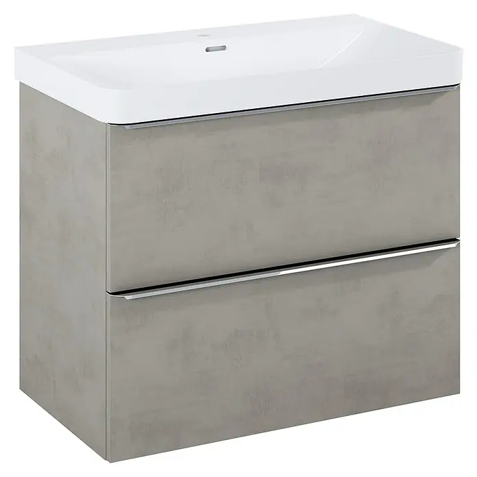 Riva Beauty 2.0 Waschtischunterschrank - B x T x H: 78,5 x 43,7 x 63,5 cm, Chromix Silver - Bild eines Waschtischunterschranks mit zwei Schubladen und weißem Aufsatzwaschbecken für Badezimmer.