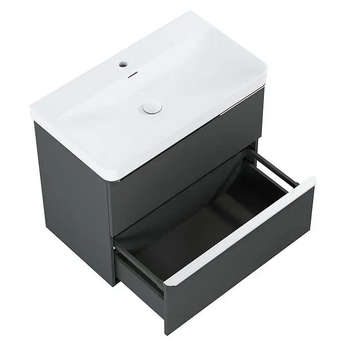 Riva Beauty 2.0 Waschtischunterschrank - B x T x H: 78,5 x 43,7 x 63,5 cm, Anthrazit - Moderne Badezimmerwaschtischkombination in Grau mit offenem Schubfach und weißem Waschbecken für stilvolle Badezimmergestaltung.