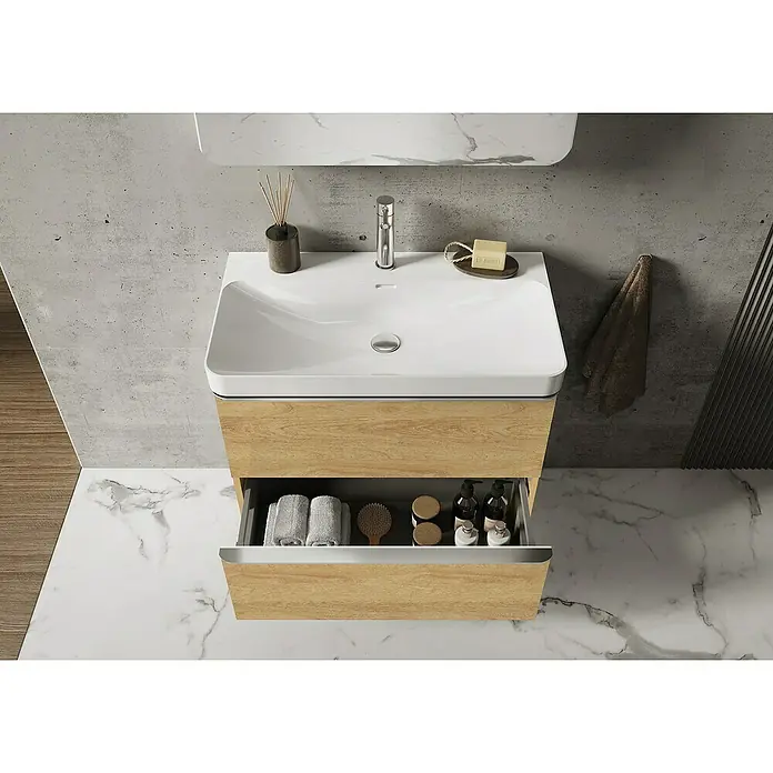Riva Beauty 2.0 Waschtischunterschrank - B x T x H: 78,5 x 43,7 x 63,5 cm, Natural Hickory - Moderne Waschtischkombination mit offenem Auszug, der Handtücher und Badutensilien präsentiert, ideal für stilvolle Badezimmer.