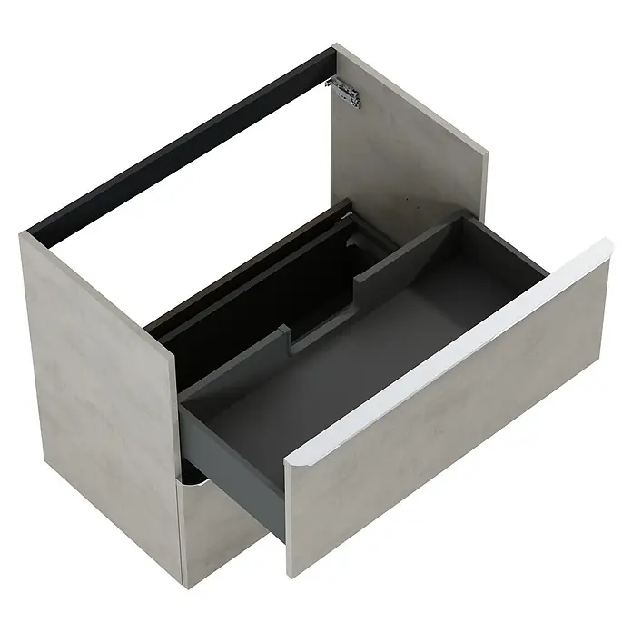 Riva Beauty 2.0 Waschtischunterschrank - B x T x H: 78,5 x 43,7 x 63,5 cm, Chromix Silver - Ein moderner Badezimmerschrank mit einer offenen Schublade und einer Tür. Der Waschtischunterschrank ist in Grau gehalten.