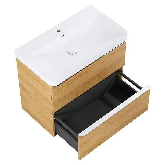 Riva Beauty 2.0 Waschtischunterschrank - B x T x H: 78,5 x 43,7 x 63,5 cm, Natural Hickory - Modernes Waschbeckenunterschrank-Set mit einer Schublade in Holzoptik und einem weißen Waschbeckenaufsatz.