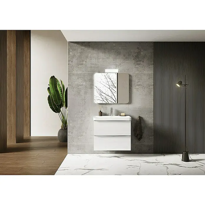 Riva Beauty 2.0 Waschtischunterschrank - B x T x H: 78,5 x 43,7 x 63,5 cm, Weiß Matt - Modernes Badezimmer-Interieur mit weißem Waschtischunterschrank, Spiegel und Betonwand. Elegantes Design für ein stilvolles Badezimmer.