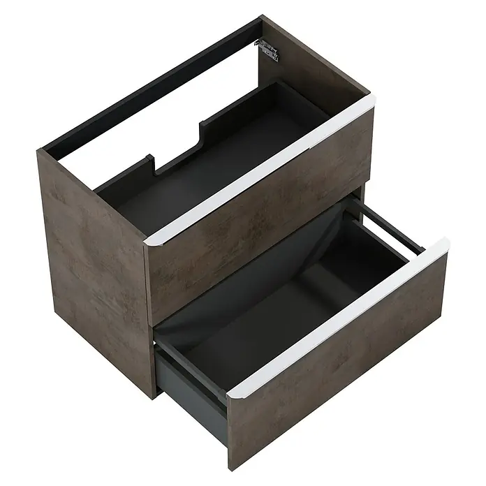 Riva Beauty 2.0 Waschtischunterschrank - B x T x H: 78,5 x 43,7 x 63,5 cm, Chromix Dark - Produktansicht eines Badezimmerschranks mit zwei Schubladen und grau-brauner Holzoptik, die Schubladen haben weiße Griffe.