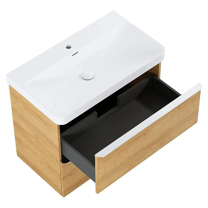 Riva Beauty 2.0 Waschtischunterschrank - B x T x H: 78,5 x 43,7 x 63,5 cm, Natural Hickory - Modernes Waschbecken mit Holzunterschrank und offener Schublade, ideal für Badezimmer. Stilvolles Design für ein modernes Ambiente.