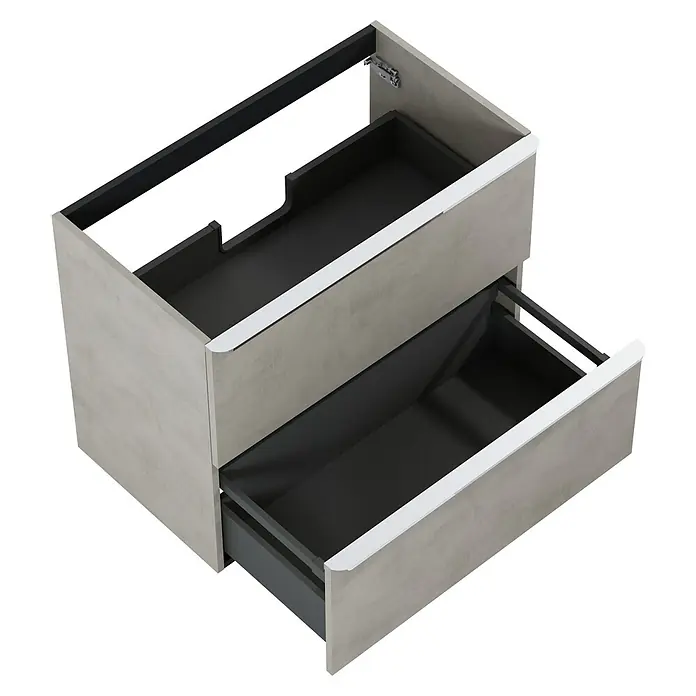 Riva Beauty 2.0 Waschtischunterschrank - B x T x H: 78,5 x 43,7 x 63,5 cm, Chromix Silver - Das Bild zeigt einen modernen Badezimmerschrank mit zwei Schubladen, die geöffnet sind, um das Innere zu zeigen. Das Design ist schlicht.