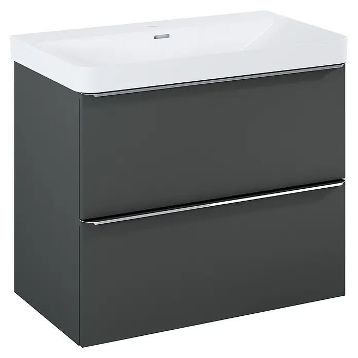 Riva Beauty 2.0 Waschtischunterschrank - B x T x H: 78,5 x 43,7 x 63,5 cm, Anthrazit - Moderner grauer Waschtischunterschrank mit weißen Waschbecken und zwei Schubladen mit Chromgriffen für das Badezimmer.