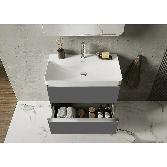 Riva Beauty 2.0 Waschtischunterschrank - B x T x H: 78,5 x 43,7 x 63,5 cm, Anthrazit - Modernes Badezimmerwaschbecken mit grauen Unterschrank und offener Schublade, Marmorplatte und minimalistischem Design.