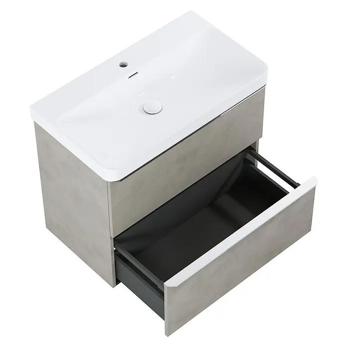Riva Beauty 2.0 Waschtischunterschrank - B x T x H: 78,5 x 43,7 x 63,5 cm, Chromix Silver - Bild eines Waschtischunterschranks mit einer offenen Schublade und einem weißen Waschbecken.