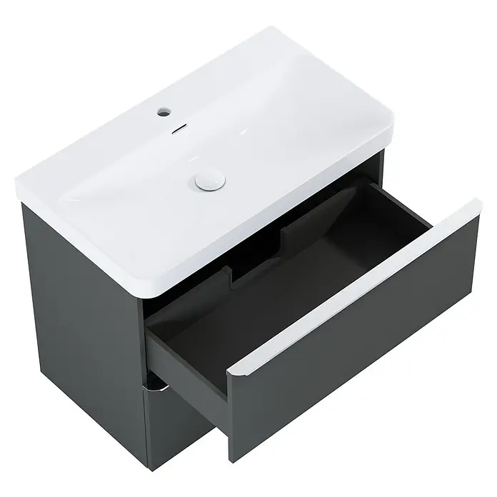 Riva Beauty 2.0 Waschtischunterschrank - B x T x H: 78,5 x 43,7 x 63,5 cm, Anthrazit - Nahaufnahme eines modernen, grauen Waschtischs mit einer weißen Spüle und einer offenen Schublade.