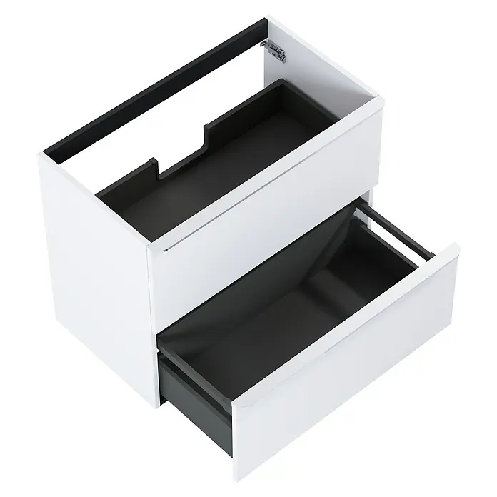 Riva Beauty 2.0 Waschtischunterschrank - B x T x H: 78,5 x 43,7 x 63,5 cm, Weiß Matt - Ein moderner Badezimmerschrank mit zwei Schubladen, die teilweise geöffnet sind und einen Blick auf das schwarze Innere gewähren.