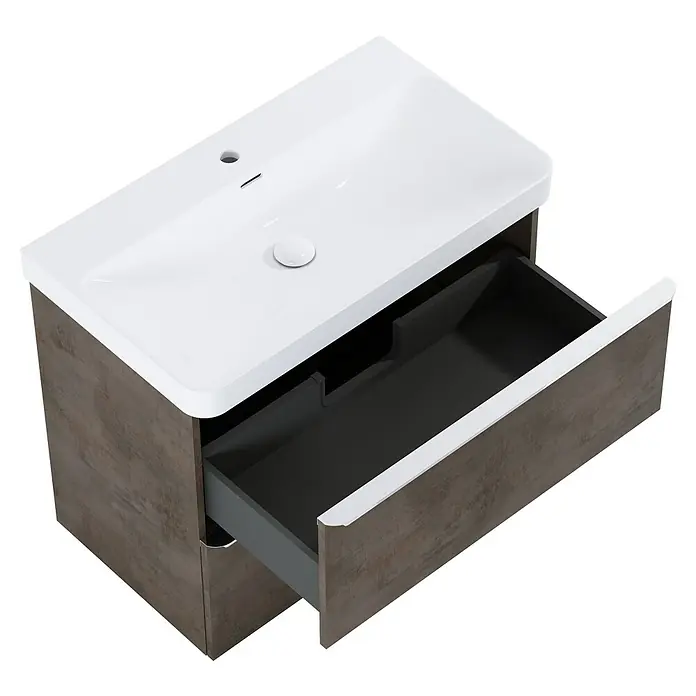 Riva Beauty 2.0 Waschtischunterschrank - B x T x H: 78,5 x 43,7 x 63,5 cm, Chromix Dark - Modernes Badezimmerwaschbecken mit offenem Holzschubfach und weißem Keramikwaschtisch für ein stilvolles Ambiente.