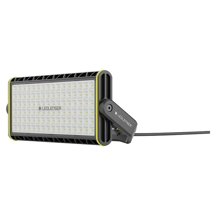 Ledlenser LED Baustrahler AF12C WORK - 8.000 lm, 3.000 K - 6.500 K, 4,2 x 38,2 x 21,4 cm, IP67 - Rechteckige schwarze und gelbe LED-Arbeitsleuchte mit drehbarem Ständer und Netzkabel.