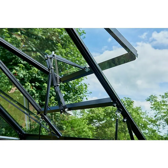 Halls Gewächshaus Popular 106 - Außenmaß inkl. Dachüberstand (B x T): 193 x 319 cm, Einscheibensicherheitsglas, 3 mm, Schwarz - Schwarzer, automatischer Gewächshausfensteröffner mit silbernen Federn, geöffnet auf Glasdach, vor grünen Bäumen und blauem Himmel.
