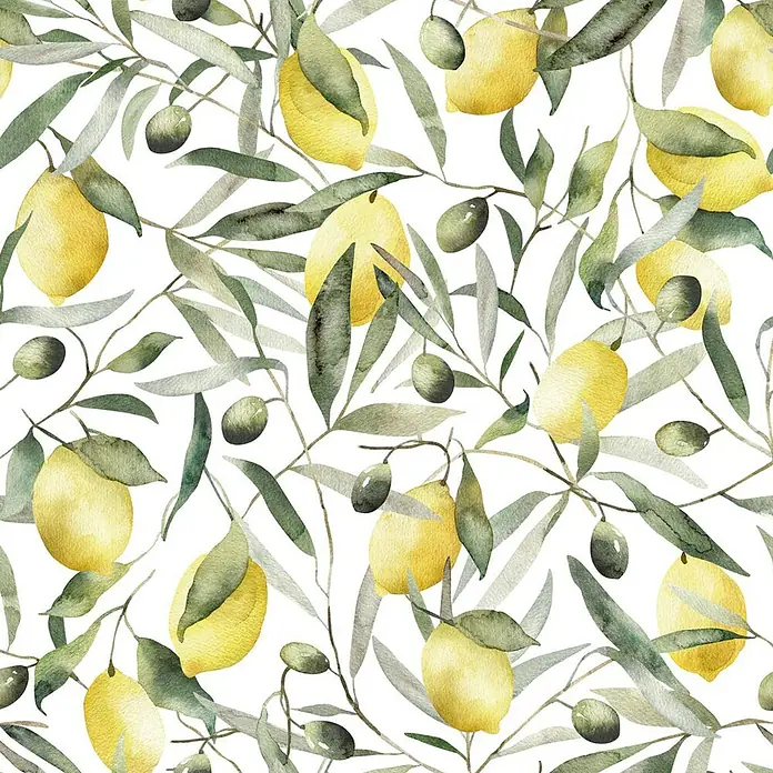 Glööckler Pompöös Provence Vliestapete Zitronen - Weiß/Grün/Gelb, Floral, 10,05 x 0,53 m - Nahtloses Aquarellmuster mit gelben Zitronen, grünen Olivenzweigen und Oliven.