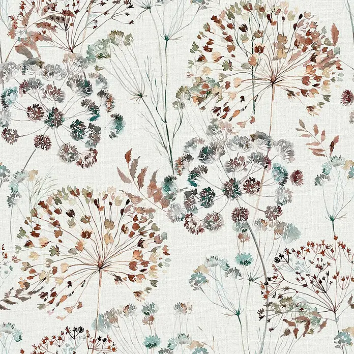Glööckler Pompöös Provence Vliestapete - Grau/Braun/Grün, Floral, 10,05 x 0,53 m - Aquarell-Botanikmuster mit getrockneten Wildblumen in erdigen Braun-, Grün- und Petroltönen auf leichter Textur.
