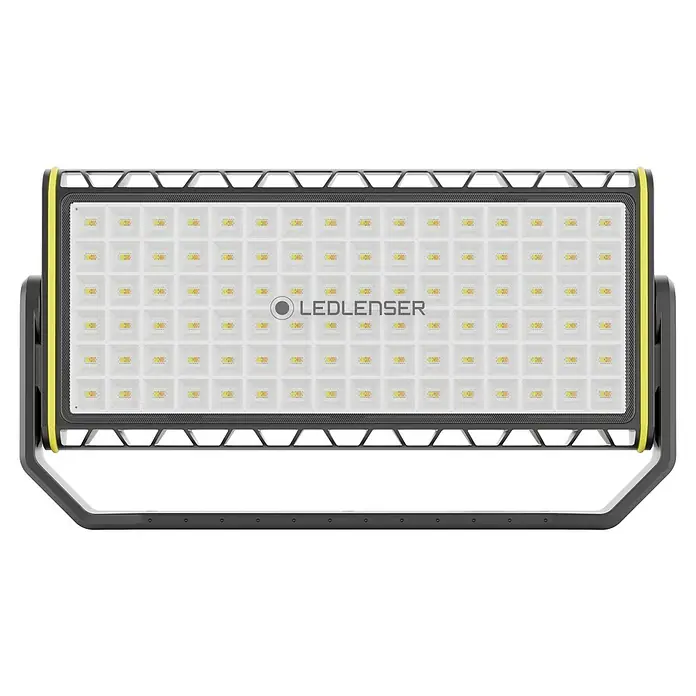 Ledlenser LED Baustrahler AF12R WORK - 8.000 lm, 3.000 K - 6.500 K, 4,1 x 38,2 x 21,4 cm, IP67 - Rechteckige LEDLENSER Arbeitsleuchte mit dunkelgrauem Rahmen, gelbem Rand und integriertem Ständer. Verfügt über ein Gitter aus hellen LED-Modulen.