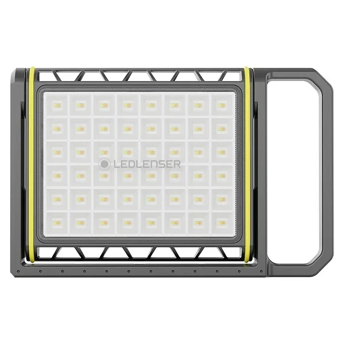 Ledlenser LED Baustrahler AF8R WORK - 4.000 lm, 3.000 K - 6.500 K, 4,1 x 27,5 x 17,9 cm, IP67 - Rechteckiger, robuster LED-Baustrahler mit grauem Rahmen, gelben Akzenten und integriertem Griff. Mit zahlreichen hellen LED-Zellen.