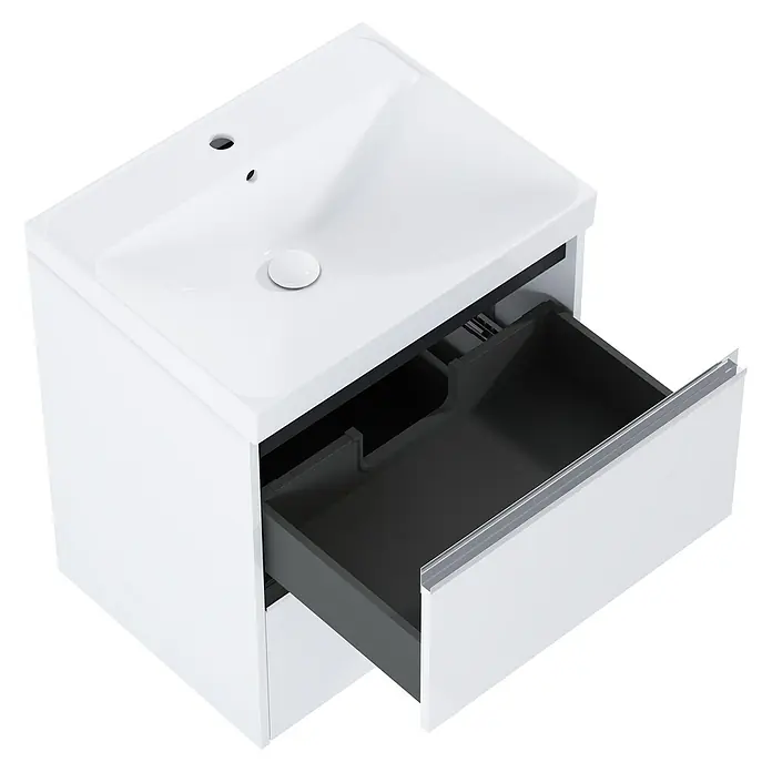 Riva Urban 2.0 Waschtischunterschrank - B x T x H: 60 x 45,1 x 63,5 cm, Weiß Hochglanz - Bild eines weißen Waschtischunterschranks mit offener Schublade, der das moderne Design und die Funktionalität hervorhebt.