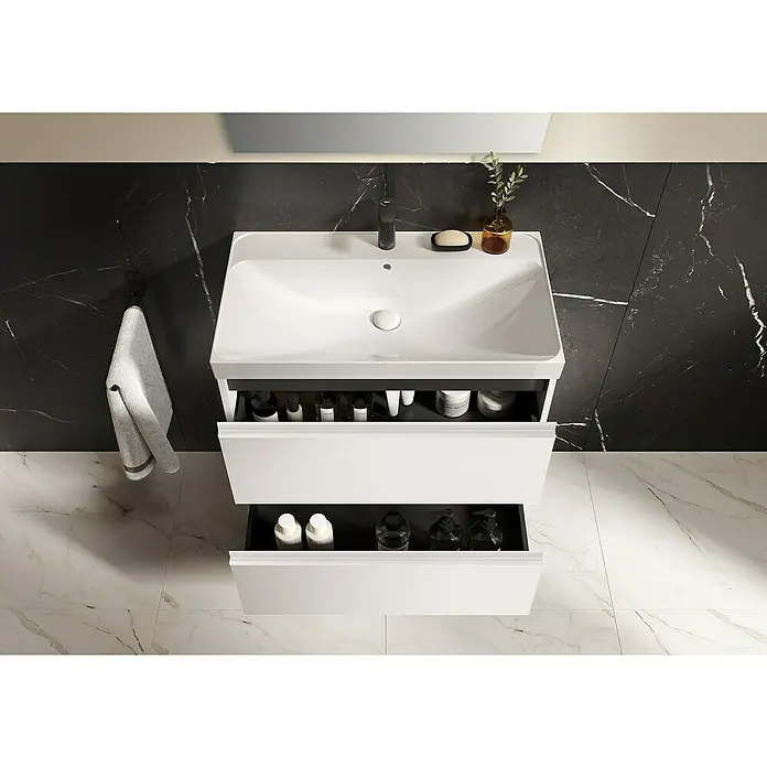 Riva Urban 2.0 Waschtischunterschrank - B x T x H: 80 x 45,1 x 63,5 cm, Weiß Matt - Ein moderner Badezimmerschrank mit offenem Schubladen und einer Waschbecken, bietet stilvollen Stauraum im Badezimmer.