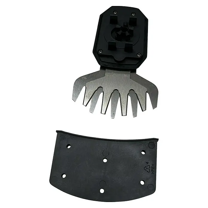 Scheppach Grasscherenaufsatz - Passend für: Scheppach IXES 20V Akku-Gras- & Strauchschere C-HTGS200-X - Silberne Metallheckenscherenklinge mit schwarzem Kunststoffgehäuse und schwarzer, gebogener Schutzabdeckung.