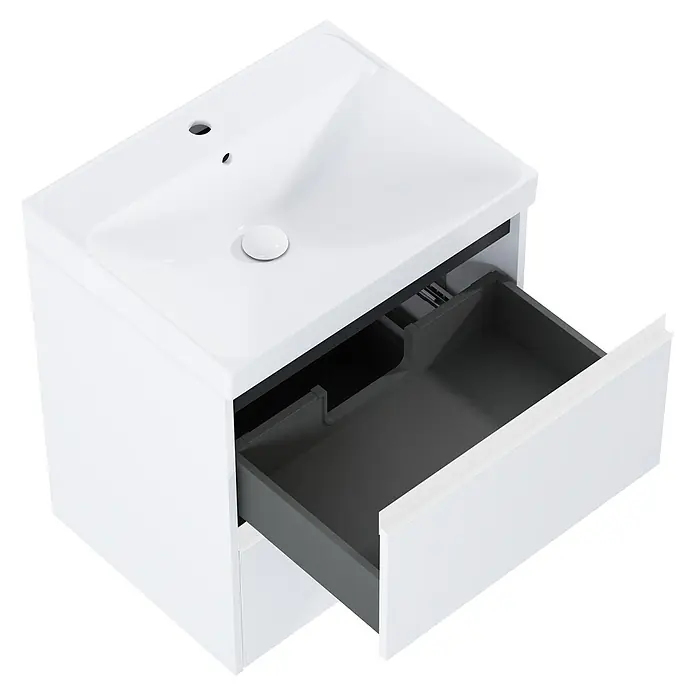 Riva Urban 2.0 Waschtischunterschrank - B x T x H: 60 x 45,1 x 63,5 cm, Weiß Matt - Weißer Waschtischunterschrank mit grauer Schublade, ideal für moderne Badezimmer. Praktisches Design mit viel Stauraum.
