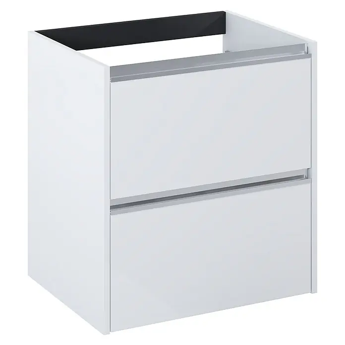Riva Urban 2.0 Waschtischunterschrank - B x T x H: 60 x 45,1 x 63,5 cm, Weiß Hochglanz - Produktansicht eines weißen Waschtischunterschranks mit zwei Schubladen und silberfarbenen Griffen.