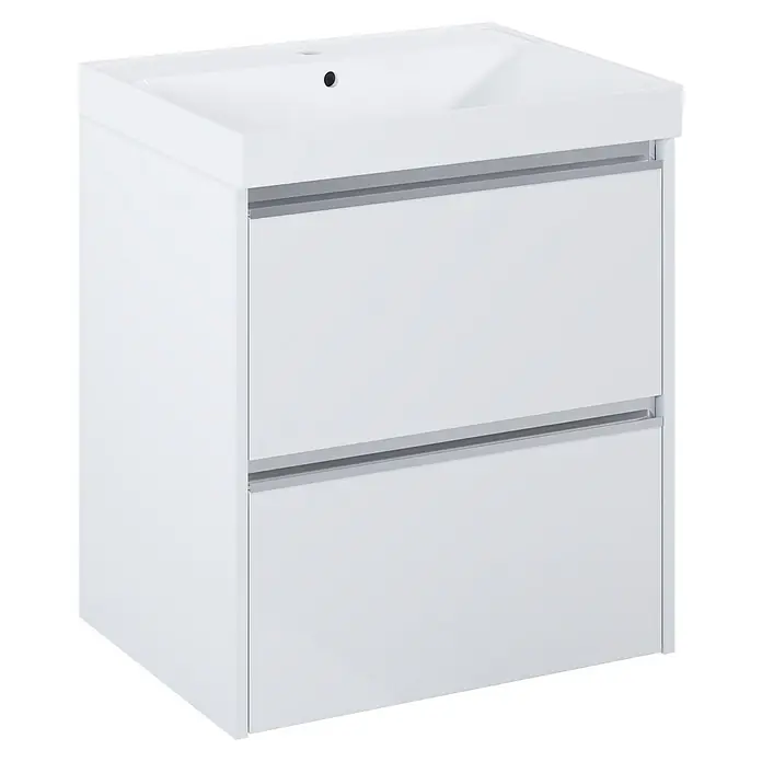 Riva Urban 2.0 Waschtischunterschrank - B x T x H: 60 x 45,1 x 63,5 cm, Weiß Hochglanz - Bild eines weißen Badezimmerwaschtischs mit zwei Schubladen und einem modernen Design.