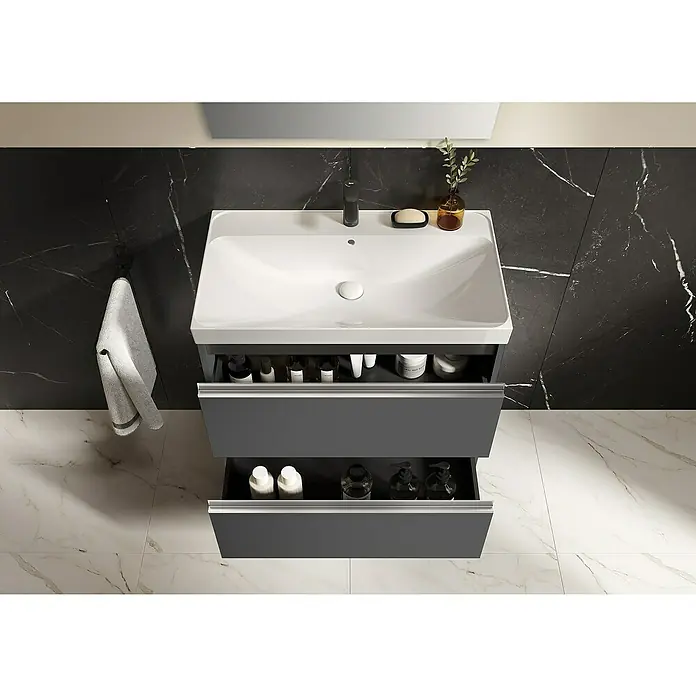 Riva Urban 2.0 Waschtischunterschrank - B x T x H: 80 x 45,1 x 63,5 cm, Anthrazit - Das moderne Badezimmerwaschbecken mit zwei Schubladen bietet viel Stauraum für Badutensilien.