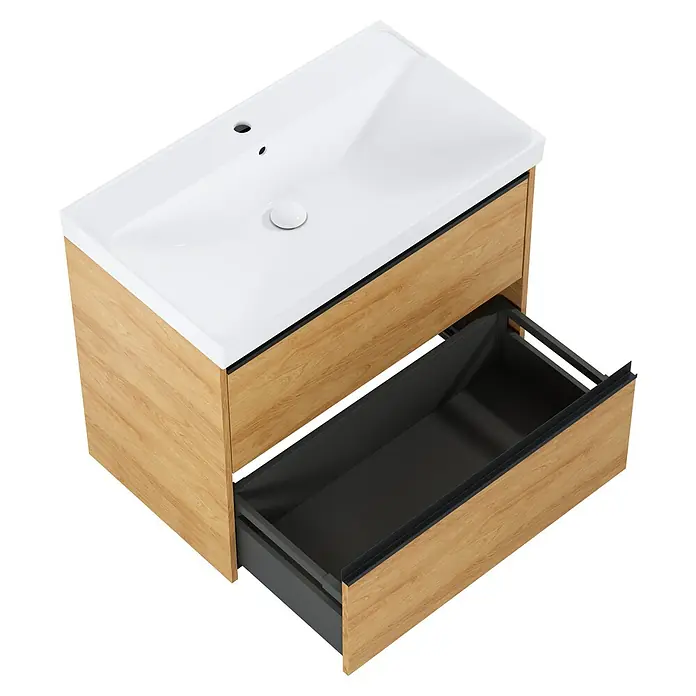 Riva Urban 2.0 Waschtischunterschrank - B x T x H: 80 x 45,1 x 63,5 cm, Natural Hickory - Modernes Waschtischunterschrank-Set mit einer Schublade, einer weißen Spüle und einem Holzfinish für das Badezimmer.