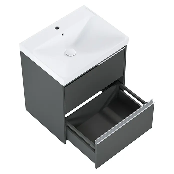 Riva Urban 2.0 Waschtischunterschrank - B x T x H: 60 x 45,1 x 63,5 cm, Anthrazit - Waschbeckenunterschrank mit offener Schublade. Elegantes Badmöbel für moderne Badezimmer mit weißem Waschbecken und grauer Schublade.