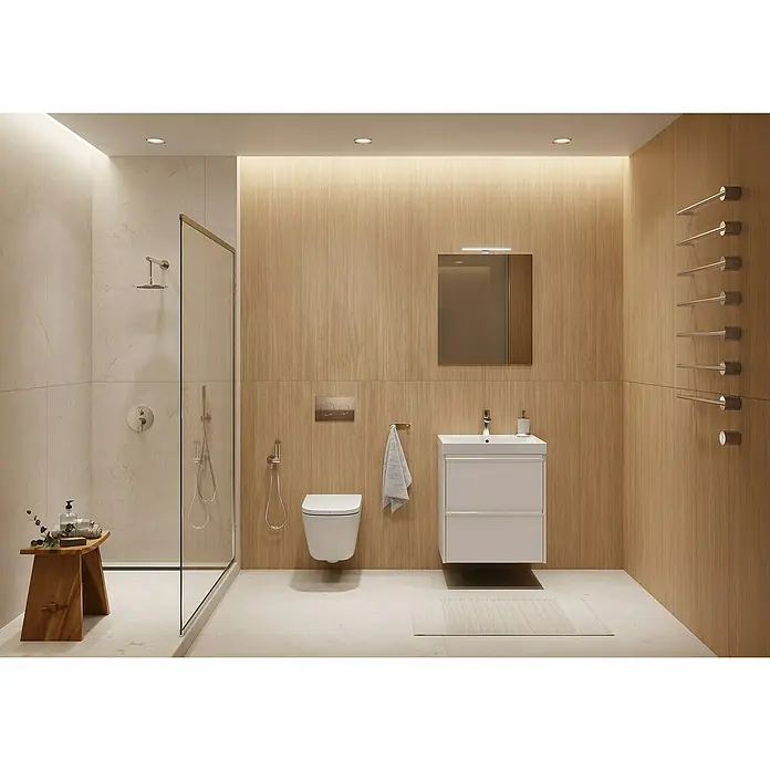 Riva Urban 2.0 Waschtischunterschrank - B x T x H: 60 x 45,1 x 63,5 cm, Weiß Hochglanz - Ein modernes Badezimmer mit einer Duschkabine, einer Toilette, einem Waschtisch und einem Handtuchwärmer in einem stilvollen Design.