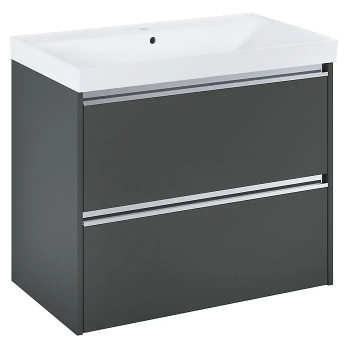 Riva Urban 2.0 Waschtischunterschrank - B x T x H: 80 x 45,1 x 63,5 cm, Anthrazit - Moderner grauer Waschtischunterschrank mit zwei Schubladen und einem weißen Aufsatzwaschbecken für ein stilvolles Badezimmerdesign.