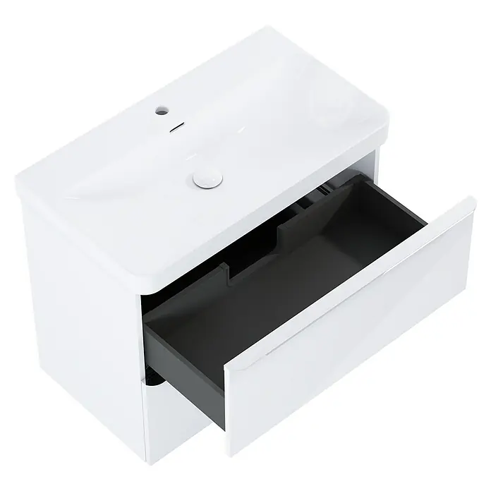 Riva Beauty 2.0 Waschtischunterschrank - B x T x H: 78,5 x 43,7 x 63,5 cm, Weiß Hochglanz - Modernes Badezimmer-Waschbecken mit offenem Schubfach in Weiß und Grau. Stilvolles Design für zeitgemäße Badezimmer.