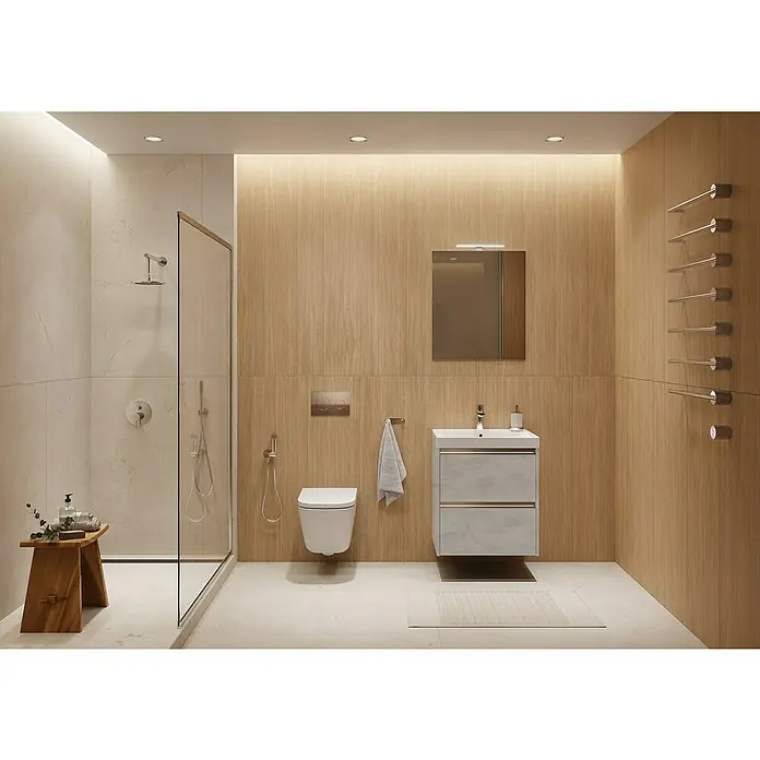 Riva Urban 2.0 Waschtischunterschrank - B x T x H: 60 x 45,1 x 63,5 cm, Chromix Silver - Moderne Badezimmergestaltung mit stilvollem Waschtischunterschrank, Dusche und Holzverkleidung.