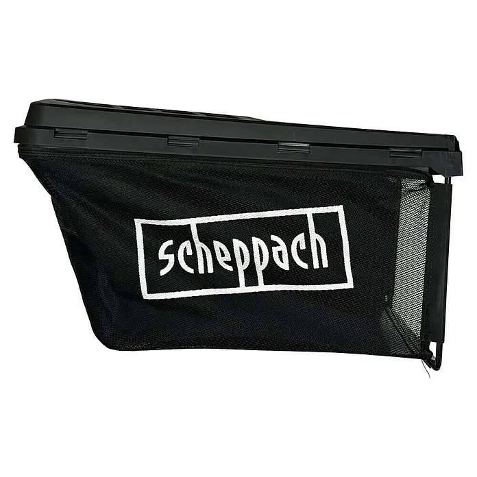 Scheppach Grasfangkorb für Rasenmäher - 45 l, Scheppach IXES 20V Akku-Rasenmäher BC-MP380-X - Schwarzer Fangkorb aus Stoff mit Hartplastik-Oberteil und weißem "scheppach" Logo.
