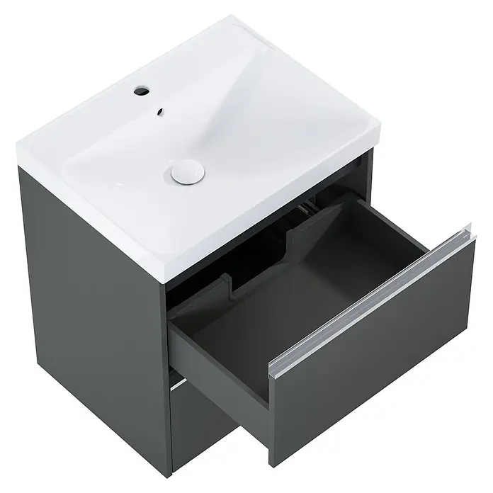 Riva Urban 2.0 Waschtischunterschrank - B x T x H: 60 x 45,1 x 63,5 cm, Anthrazit - Grauer Waschtischunterschrank mit offenem Auszug und einem eleganten, weißen Waschbecken. Praktisch und modern für jedes Badezimmer.