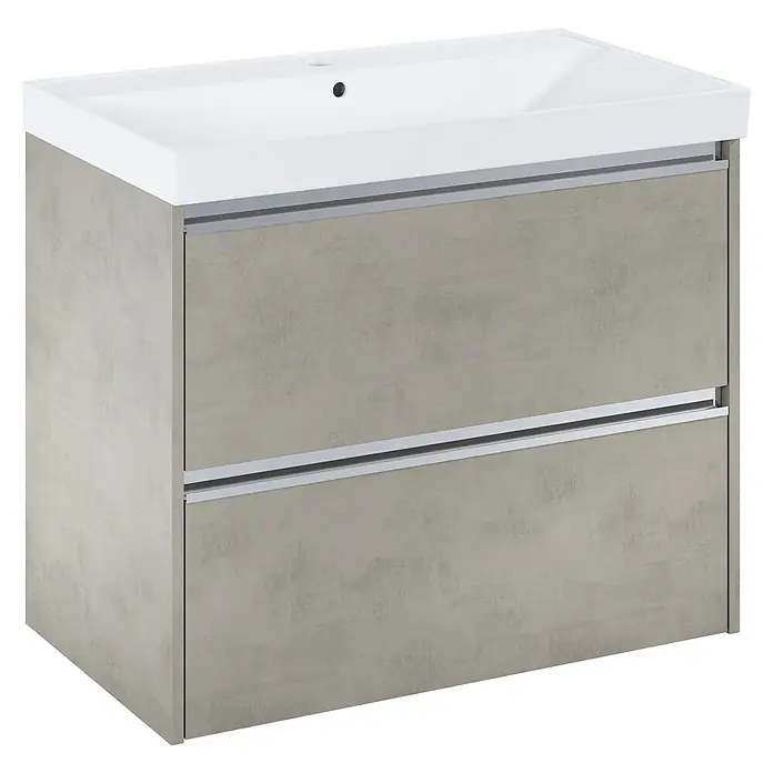 Riva Urban 2.0 Waschtischunterschrank - B x T x H: 80 x 45,1 x 63,5 cm, Chromix Silver - Ein moderner Badezimmerschrank mit zwei Schubladen und einem weißen Waschbecken, ideal für stilvolle Badezimmer.