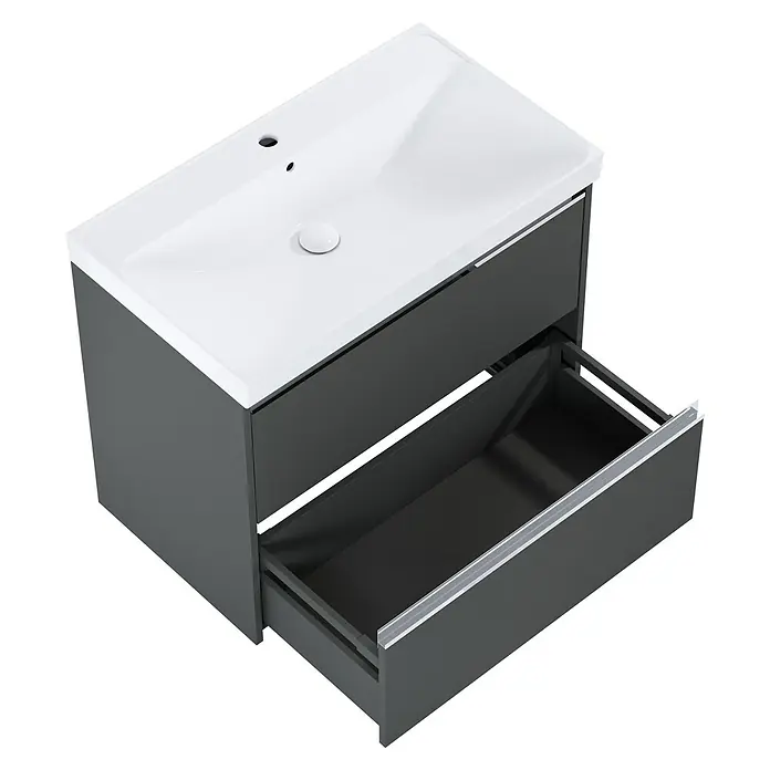 Riva Urban 2.0 Waschtischunterschrank - B x T x H: 80 x 45,1 x 63,5 cm, Anthrazit - Ein moderner Waschtischunterschrank in Grau mit einer weißen Keramikspüle und einer Schublade. Praktisches Badmöbel für mehr Stauraum.