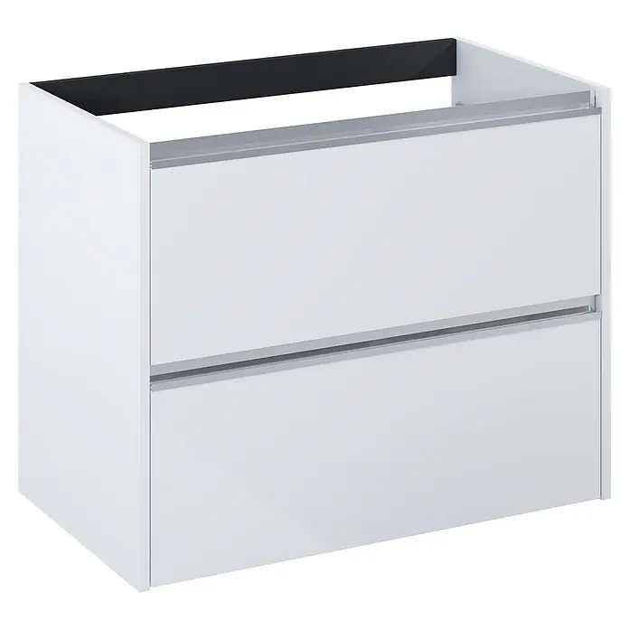 Riva Urban 2.0 Waschtischunterschrank - B x T x H: 80 x 45,1 x 63,5 cm, Weiß Hochglanz - Bild eines Badezimmerunterschranks in Weiß mit zwei Schubladen und silbernen Griffen, modernes Design für ein stilvolles Badezimmer.