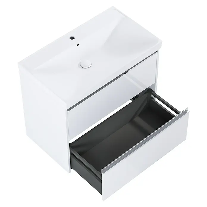 Riva Urban 2.0 Waschtischunterschrank - B x T x H: 80 x 45,1 x 63,5 cm, Weiß Hochglanz - Das Bild zeigt einen weißen Waschtischunterschrank mit einer Schublade, die teilweise geöffnet ist. Er ist modern und funktional gestaltet.