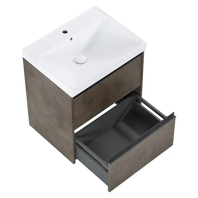Riva Urban 2.0 Waschtischunterschrank - B x T x H: 60 x 45,1 x 63,5 cm, Chromix Dark - Bild eines Waschtischunterschranks mit geöffneter Schublade, der modernen Stauraum und ein stilvolles Design bietet.