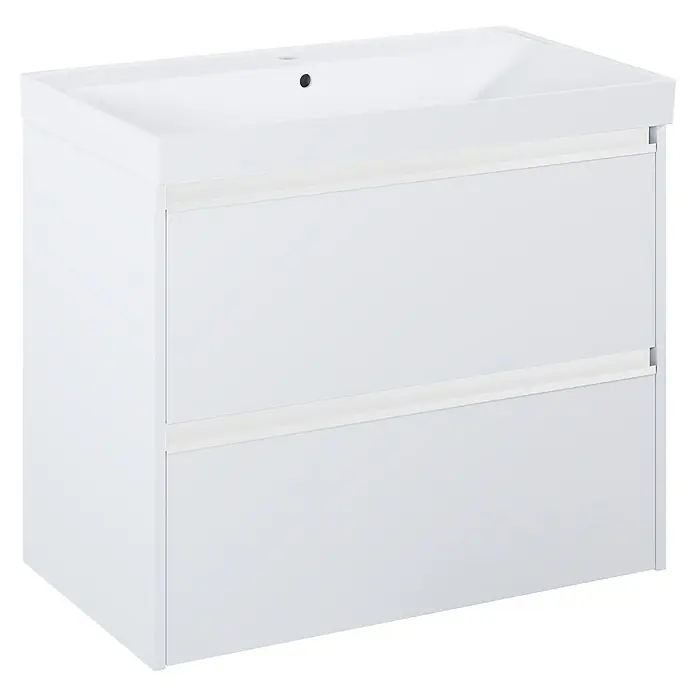 Riva Urban 2.0 Waschtischunterschrank - B x T x H: 80 x 45,1 x 63,5 cm, Weiß Matt - Ein weißer Badezimmerschrank mit zwei Schubladen und einem Waschbecken. Der Schrank ist modern und minimalistisch gestaltet.