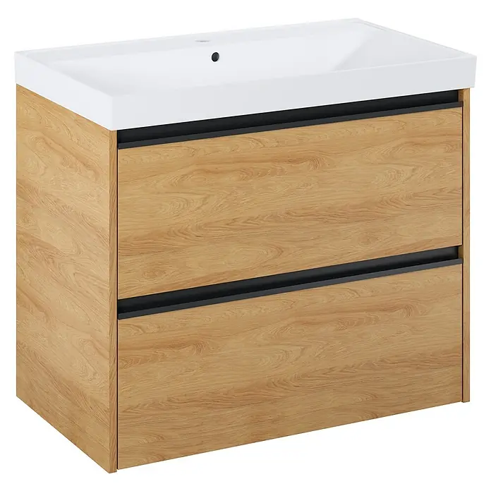 Riva Urban 2.0 Waschtischunterschrank - B x T x H: 80 x 45,1 x 63,5 cm, Natural Hickory - Waschtischunterschrank mit zwei Schubladen und einer weißen Waschtischplatte für ein modernes Badezimmerdesign.