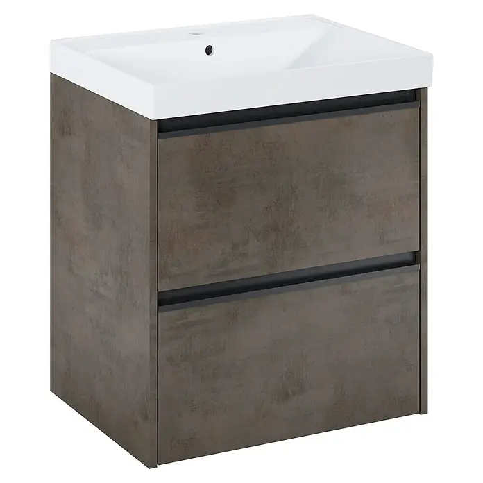 Riva Urban 2.0 Waschtischunterschrank - B x T x H: 60 x 45,1 x 63,5 cm, Chromix Dark - Ein moderner Waschtischunterschrank in Grau mit zwei Schubladen und einem weißen Waschbeckenaufsatz.