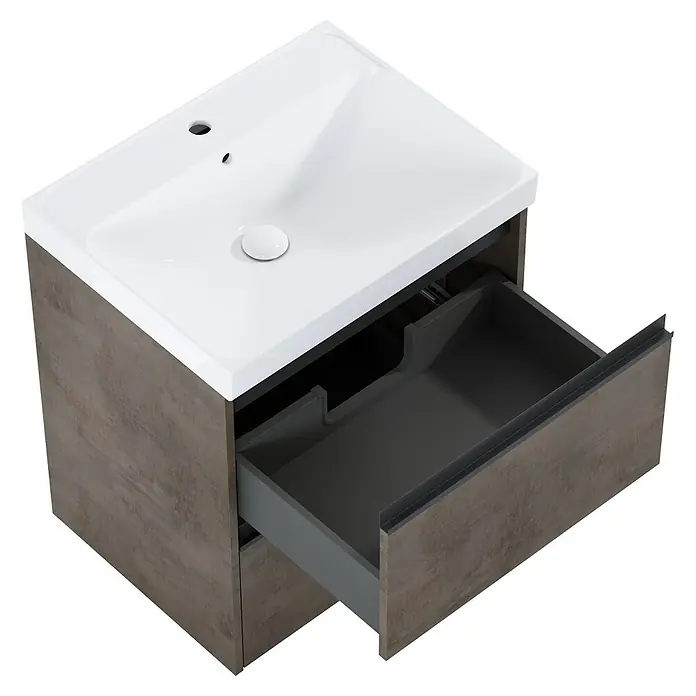 Riva Urban 2.0 Waschtischunterschrank - B x T x H: 60 x 45,1 x 63,5 cm, Chromix Dark - Moderner Waschtischunterschrank mit offenem Schubfach und weißem Aufsatzwaschbecken für stilvolle Badezimmer.